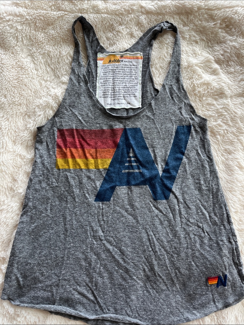 Aviator Nation Gray Tank with Navy AV Logo and Red-Orange-Yellow Stripe size M